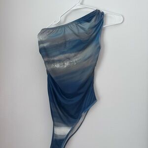 One-Shoulder Blue and Gray Bodysuit